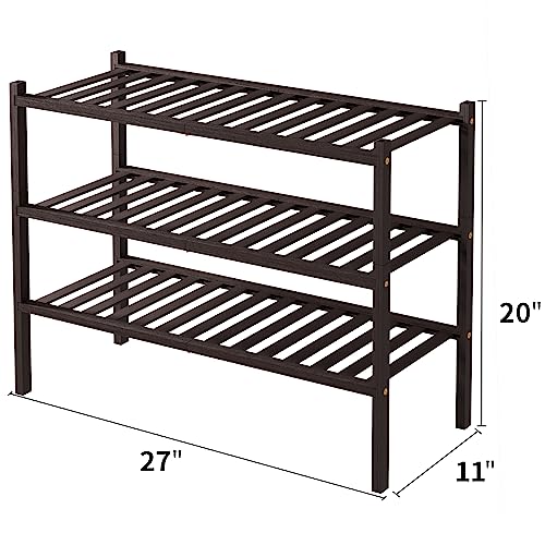 ROMGUAR CRAFT 3 Tier Bamboo Shoe Rack for Closet Free Standing Wood Shoe Shelf for Entryway Small Space Stackable 27"x11"x20" (Brown) - color: Brown, size: 3 Tier