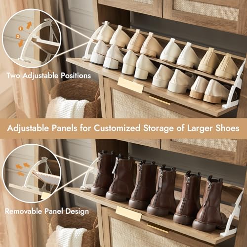 HOKYHOKY Rattan Shoe Storage Cabinet with 2 Drawers & 2 Flip Drawers – Hidden Slim Shoe Organizer for Entryway, Large Tabletop Space, Farmhouse Boho Narrow Shoe Rack, Rustic Oak - color: Rustic Oak, size: 2 Flips