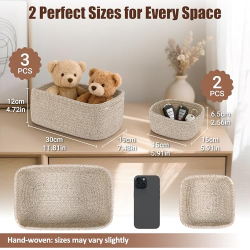 5-Pack Small Woven Rope Storage Baskets – 2 Sizes Organizer Bins for Closet, Shelf, Bookshelf, Nursery, Changing Table, Fabric Cube Boxes, Rectangular Shallow Bins for Bathroom, Toy & Home - color: Natural