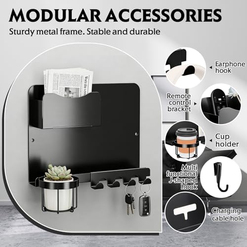 SPOKKI Floating Bedside Wall Shelf Organizer with Remote Control Holder;Metal Adhesive Wall Mount Nightstand Shelf for Bedroom;Dorm Room Essentials;Bed Shelf for Phone,Earphone,Kindle (Black) - color: Black
