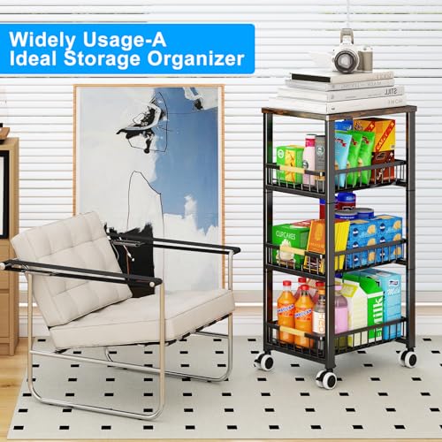 Fruit Vegetable Storage Basket for Kitchen, 4 Tier Large Pull-Out Metal Wire Baskets with 3 Pack Mats Bottom, Wood Top and Wheels, Vegetable Produce Bins Stand Cart Rack for Onions and Potatoes - color: 4 Tier-black With Three Mats and Wood Top