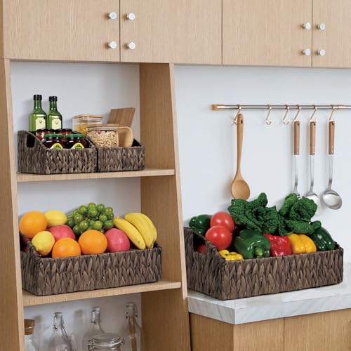 Ollieroo Rattan Storage Baskets, Handwoven Wicker Storage Bins with Built-in Handles, Storage Container Baskets for Shelves, Bedroom, Bathroom, Laundry Room or Kitchen(Black) - color: Black