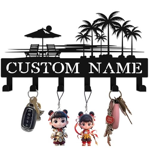 Personalized Metal Key Holder Wall Mount, Black Custom Key Holder for Wall, Wall Key Rack with 6–12 Hooks for Keys, Modern Home Entryway Organizer - color: Palm Tree & Beach