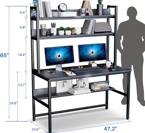 Aquzee Computer Desk with Hutch and Bookshelves, Large Leg Room 47 inch Width Black Desk with Space Saving Storage Shelves for Home Office,Study, Work, Easy Assemble - color: Black, size: 47inch