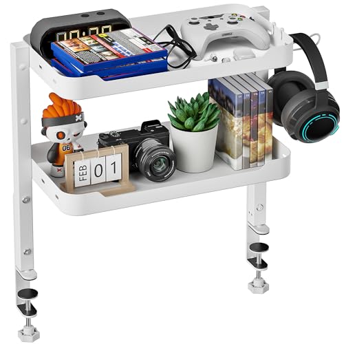 ARES WING 2-Tier Clamp On Desk Shelf, 16 inch Adjustable Above or Under Desk Storage Shelves Holds 66 lbs, Heavy Duty Desktop Organizer with Headphone Holder for Working and Gaming Accessories, White - color: White, size: Dual Shelf