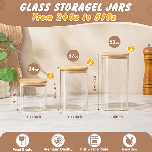 SENTVEND 24 Oz/ 37 Oz/ 51 Oz Glass Storage Jars with Bamboo Lids - 6 Pack Clear Glass Canisters Square Airtight Stackable Ideal for Pantry Storage Containers Great for Cereal Coffee Beans Snacks etc - color: 24/37/51 OZ-Clear