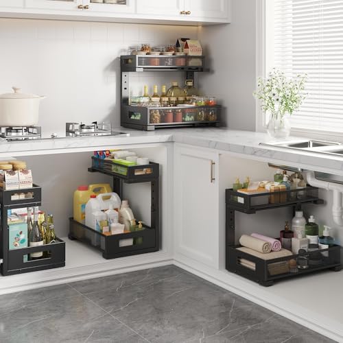 2-Pack Under Sink Storage Organizer, Large 2-Tier Elegant Mesh Pull Out Shelf for Kitchen and Bathroom Cabinet Organization, L-Shaped and Adjustable Height Design,Patent Pending-Black - color: Black, size: 2 Pack-15.74"Dx11.4"-16.14"H