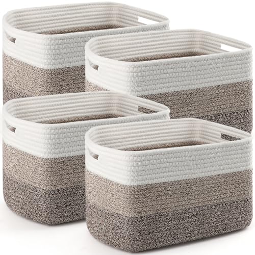 4 Pack Storage Baskets for Organizing, 12''Lx9''Wx8''H Woven Baskets for Storage Toys, Towels, Books, and Clothes, Cotton Rope Basket for Shelves with Handle White & Brown - color: White & Khaki