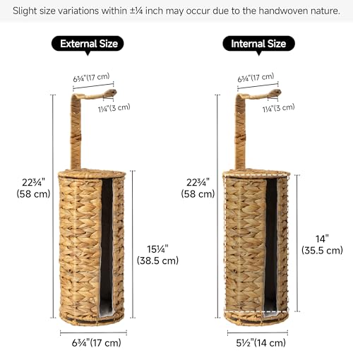 StorageWorks Wicker Water Hyacinth Freestanding Toilet Paper Holder Stand with Storage, Farmhouse Covered Toilet Paper Stand for 4 Rolls with Cloth Lining, Tissue Holder for Bathroom Decor with Shelf - color: Natural（water Hyacinth）, size: 6¾"D(For 4 Roll