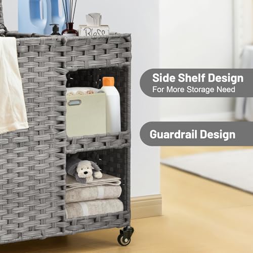 Laundry Hamper with Wheels, 42.3 Gal.(160 L) Laundry Sorter with Shelves, Rattan Clothes Hamper with 4 Removable Liners & 3 Mesh Bags, Handwoven Organizer for bedroom, bathroom, laundry room, Grey - color: Grey