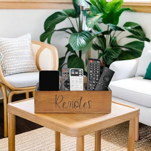 LBEMEY Acacia Wood Remote Control Holder Caddy, TV Organizer for Table, Vintage Farmhouse Desk Caddy (Brown-for 6+ Controls)