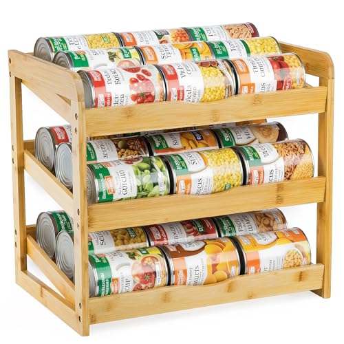 TOPZEA Soda Can Rack Organizer for Pantry, 3 Tier Bamboo Stackable Can Goods Storage Dispenser Shelf Canned Food Holder Stand for Kitchen Coutertop, Cabinet, Hold up to 36 Cans