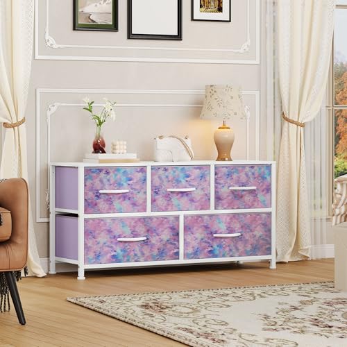 DWVO Dresser with 5 Drawers - Fabric Storage Tower, Organizer Unit for Bedroom, Living Room, Closets - Sturdy Steel Frame, Wooden Top (Purple) - color: Purple, style: 5-Drawer