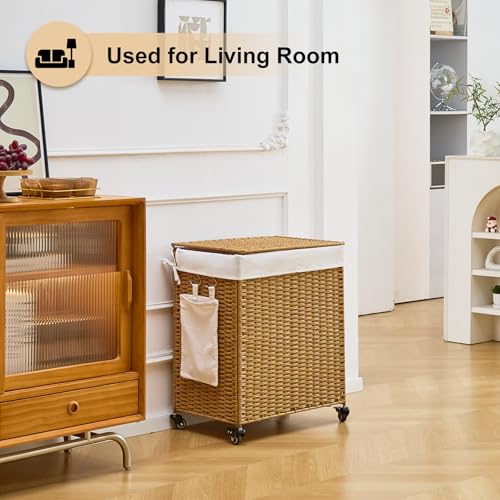 Handwoven Hamper with Lid, Laundry Basket with Wheels, Machine Washable Liner, 2 Section Clothes Hamper for Bathroom Laundry Room Bedroom, Rattan, 125L - color: Rattan/With Lid/125L