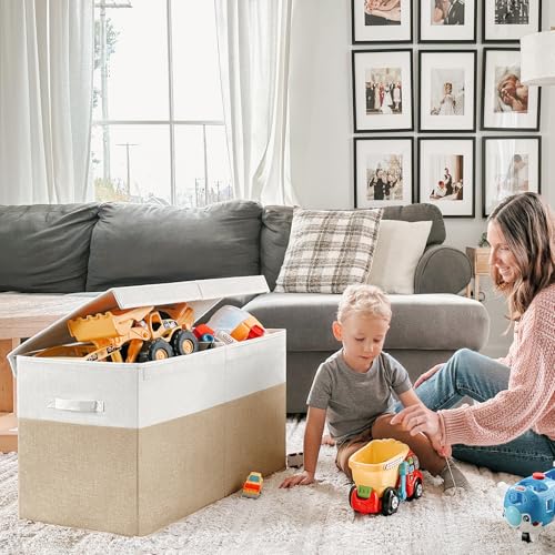 INDRESSME Large Toy Box with Lid, Collapsible Toy Storage Organizer Chest with Divider, Foldable Toy Bin for Kids Boys Girls Playroom Nursery Bedroom Living Room 25"x16"x13" (Beige & White) - color: Beige & White, size: 25"x13"x16"