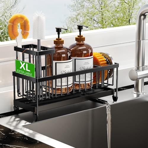 Cisily Sponge Holder for Kitchen Sink, Sink Caddy Organizer with High Brush Holder, Kitchen Countertop Organizers and Storage Essentials, Rustproof 304 Stainless Steel (Black, 10.62″) - color: Large Black