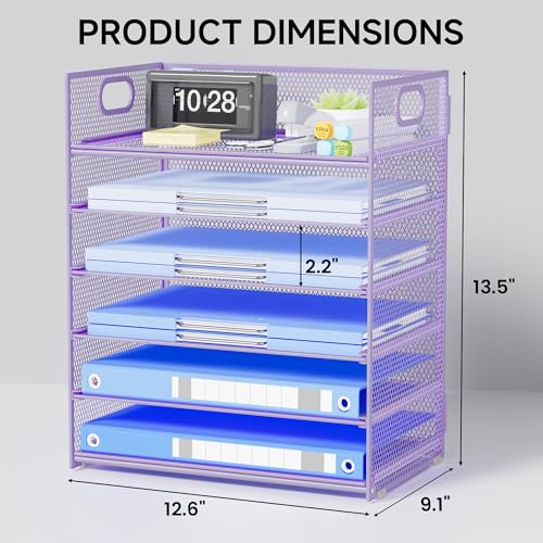 Purple Paper Organizer for Desk with Handle, 6-Tier Metal Mesh File Organizer | Stackable Desktop Organizer for Office Supplies & Stationery Storage - color: Purple, size: 12.6" x 9.1" x 13.5"