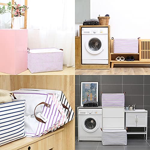 Hinwo 70L Extra Large Storage Bins, Closet Organizers and Storage, Foldable Clothes Storage Baskets with Handles, Containers for Clothing, Blanket, Comforters, Toys, Bedding (Purple Stripe) - color: Purple Stripe, size: 22" / 70L / 1-Pack