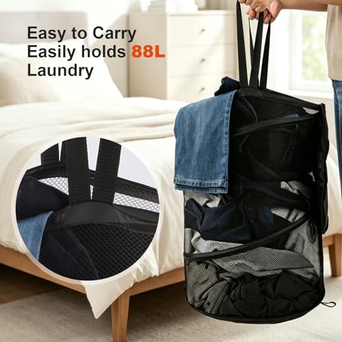 BATTOO Collapsible Laundry Basket with Lid, Large Foldable Mesh Pop Up Hamper 88L with Handles for Laundry Room, Bathroom, Kids Room, College Dorm, Travel, Storage Organizer Black - color: Black, size: Extra Large