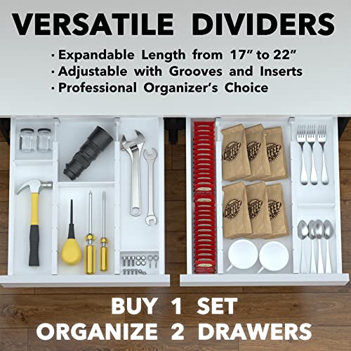SpaceAid Bamboo Drawer Dividers with Inserts and Labels, Kitchen Adjustable Drawer Organizers, Expandable Organization for Home, Office, Dressers, 4 Dividers with 9 Inserts (17"-22" White) - color: WHITE, size: 2.35''H, 17''-22''L, 4 Dividers