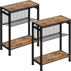 Small Side Table Set of 2 for Small Space, 3-Tier Narrow End Table with Magazine Holder, Slim Nightstand, Skinny Snack Couch Table in Living Room, Bedroom and Balcony (Rustic Brown &Black) - color: Rustic Brown-2pcs