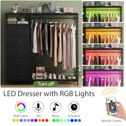 47 Inch Black Dresser with LED Lights & Hanging Rack, 5 Drawer Fabric Dresser with Charging Station and Shelves, Tall Closet Organizer for Bedroom Clothes Storage - color: Black, size: 11.8"D x 39.4"W x 31.5"H (5 Drawers)