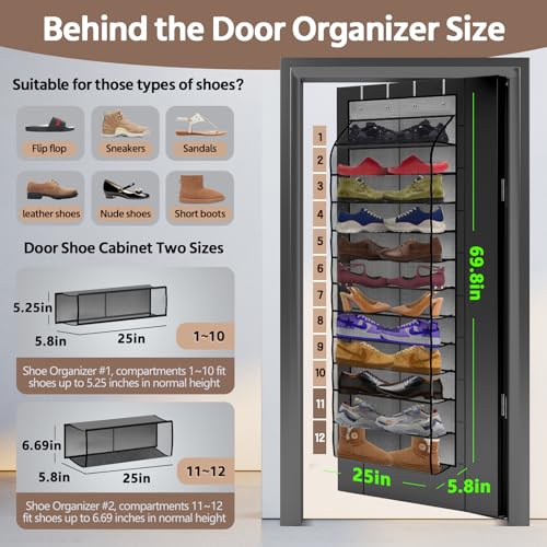 PAULONE 12 Pocket Over the Door Shoe Organizer,Reusable Breathable Large Mesh Bag Men's & Women's Sneaker Organizer,Shoe Organizer for Kids,Hanging Shoe Storage Hanging Bag (Grey) - color: 12th Floor Grey
