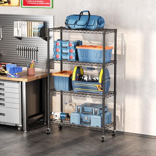 SINGAYE 4 Shelf Storage Wire Shelves Closet Bathroom Organizers Metal Pantry Kitchen Garage Shelving Unit Laundry Room Organization Home Narrow Rack Net Basket with Wheels Black - color: Black, size: 4Tier/14"D X 36"W X 58"H