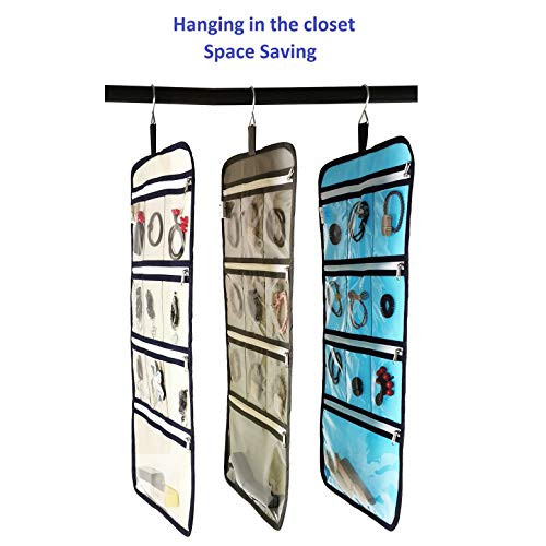 Hanging Jewelry Organizer with 10 Zippered Clear Pockets for Travel Suitcase and Home Closet Jewelry Storage Bag (GREY) - color: GREY