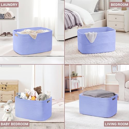 86L Large Baby Girls Laundry Basket for Nursery Storage,Cute Woven cotton Rope Baskets for Kids Toy，Gifts, Boho Square Wicker Blanket hamper for Living Room,Bedroom Dirty Clothes,Blue Purple - color: Blue Purple, size: 86L