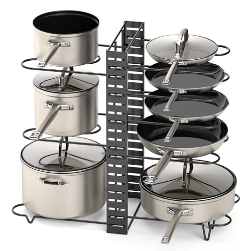 Vdomus Pot Rack Organizer with 3 DIY Methods, Black Metal Kitchen 8+ Pots Holder, Height and Position are Adjustable Cabinet Pantry Pot Lid Holder (Upgraded)
