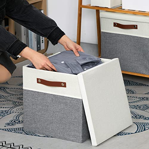 Temary Cube Storage Bins with Lids for Organizing Clothes, [2-Pack] Foldable Storage Boxes with Handles, Closet Storage Baskets for Living Room (White&Gray, 13x13x13inch) - color: White&Grey, size: 13×13×13