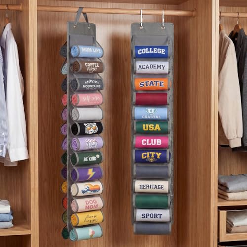 Over the Door Hoodie Organizer, Double Sided Holds 26 Hoodies, Gray Hanging Storage with 2 Hooks and Rope for Door Closet Cabinet Use, Ideal for Dorm Rooms Bedroom, Small Spaces, 54.3 Inch - color: Grey