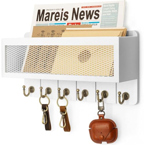 Rebee Vision Farmhouse Key Holder for Wall with Mail Organizer : Decorative Mesh Basket with 6 Sturdy Key Hooks – Wall Mount Home Decor for Office，Entryway, Hallway, Apartment (Rustic White) - color: White