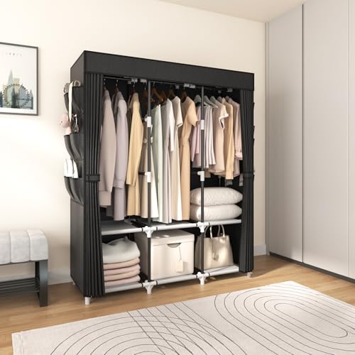 VTRIN Portable Closet for Hanging Clothes 52 Inch Wide Portable Wardrobe Closet with Cover, 6 Storage Shelves and 3 Hanging Rod, Diameter 19mm Metal Pipe, Sturdy Closet for Bedroom, Black - color: Black, size: 3 Row - 52'' Wide