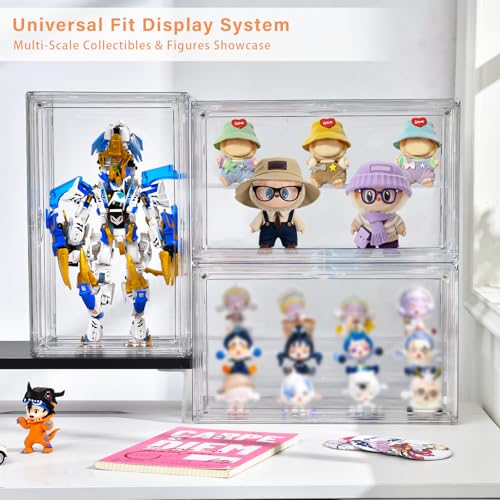 Freebat Clear Acrylic Display Case for Collectibles - 3-Tier Adjustable Figure Display with Magnetic Door & Removable Shelves,Stackable Dispaly box for Figures - 2 Pack - size: 2pack