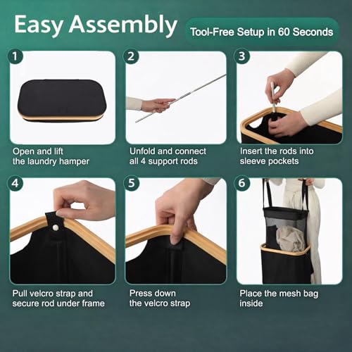 Slim Laundry Hamper with Lid, 60L Narrow Laundry Basket for Small Spaces, Collapsible Clothes Hamper with Bamboo Handles, Removable Inner Bag, Waterproof, Black