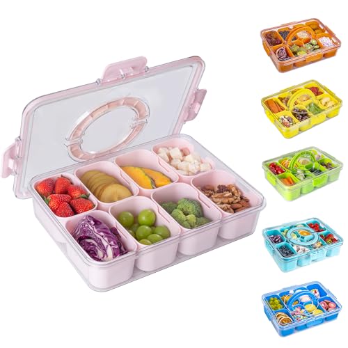 WACOI Divided Snack Serving Tray with Lid and Handle Travel Snackle Charcuterie Container Portable Storage Organizer for Candy, Fruits, Nuts, Snacks, Party, Picnic (1pack, Pink) - color: Pink