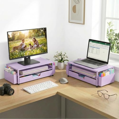 ECOLOVI Desk Organizer and Accessories, 2-Tier Computer Monitor Stand Rise with Storage Drawer & 2 Pen Holders, Laptop & Printer Stand for Desktop, Workspace Organizers for Office Supplies (Purple) - color: Purple