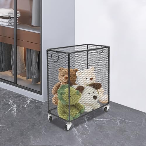 Black Metal Laundry Basket with Wheels, Rolling Laundry Hamper Cart Metal Mesh Laundry Clothes Sorter Storage Cart Organizer Basket Durable for Home - color: Black