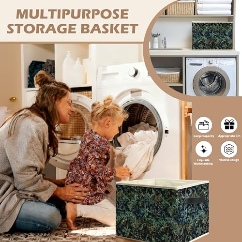 Dark Floral Botanical Storage Bin Box with Handles, Vintage Nature Butterfly Plant Foldable Linen Fabric Laundry Basket for Home Bedroom Bathroom Clothes Toys Books - color: Floral-C