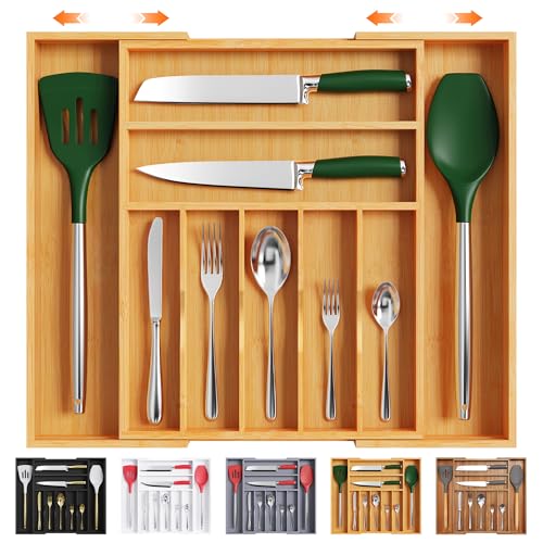 Bellsal Large Premium Bamboo Silverware Organizer - Expandable Utensil Drawer Organizer - 17"x19.6" Utensil Holder and Cutlery Tray with Grooved for Kitchen Flatware and Utensils Mother's Day Gift - color: Nature, size: 9 Slots Expandable