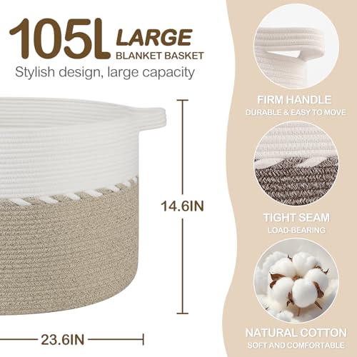 OIAHOMY 105L Blanket Basket for Living Room, Large Basket 23.6" x 23.6" x 14.6" with Handle, Laundry Hamper for Blankets, Pillows, Toy Storage for Kids, Dogs - Light Brown & White - color: Light Brown & White, size: 23.6" x 23.6" x 14.6"