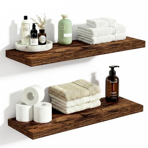 Vivelove 10 Inch Deep Floating Shelves 24 inch Long, 24 x 10 Wide Wall Shelves with Invisible Brackets, for Bedroom Bathroom Living Room Kitchen Office, Farmhouse Home Decor, Set of 2, Rustic Brown - color: Rustic Brown, size: 23.6”Wx10.2”Dx1.5”H