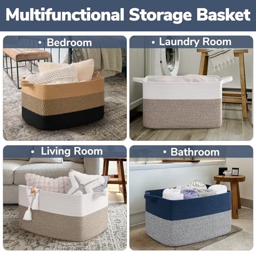 Goodpick Large Blanket Basket 22" x 17" x 12" Woven Storage Baskets for Organizing, Decorative Cotton Rope Basket for Living Room Home Decor, Toy Baskets for Kids, Mixed Blue - color: Blue, size: 22"L x 17"W x 12"H