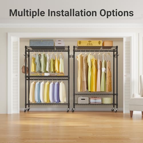 VIPEK R2 Plus Heavy Duty Rolling Garment Rack 3 Tiers Adjustable Wire Shelving Clothes Rack with Double Rods and Side Hooks, Freestanding Wardrobe Storage Rack Metal Clothing Rack, Black - color: Black, size: R2 Plus