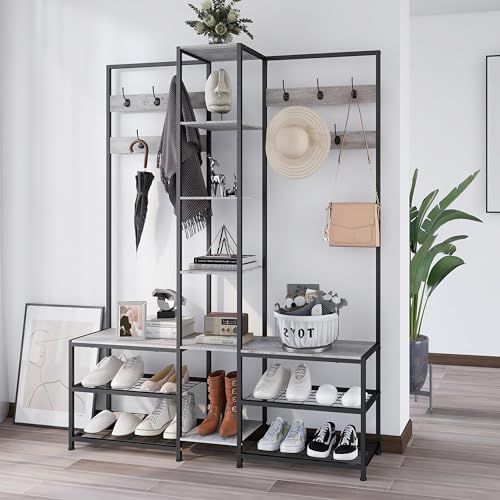 GiftGo Corner Hall Tree with Shoe Rack Storage Bench Display Open Shelves Modern Industrial Entryway Coat Rack Stand for Home Living Room Mudroom Bedroom Multifuncitonal 5 in 1 (Greige) - color: Greige