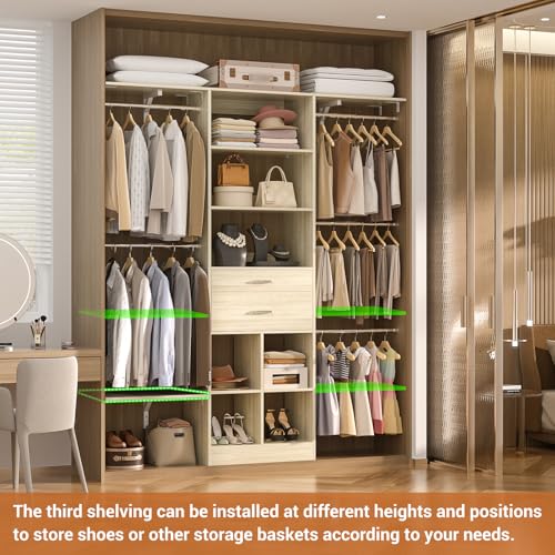 5FT Small Closet System, Baby Closet Organizer System with Wooden Drawers, 60 Inches Walk in Closet System with 5 Hanging Rods and 3 Reversible Hanging Shelving, Greige Oak - color: Greige Oak, size: 5 FT