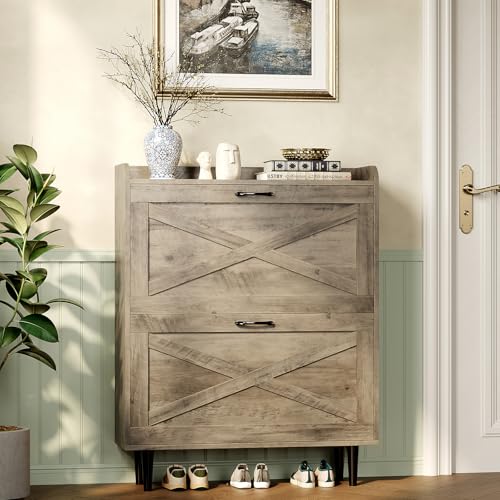 VINGLI Shoe Storage Cabinet for Entryway with 2 Flip Drawers, Ultra Slim Freestanding Entryway Shoe Organizer with Wood Tapered Legs,Hidden Closed Shoe Rack,31.6" W * 9.4" D * 39.4" H, Washed Gray - color: Washed Grey, size: 31.5"W 2 Drawers