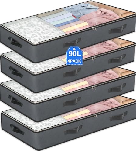 4 Pack Under Bed Storage, 90L Collapsible Closet Containers Organizers and Under Bed Storage Bins, Underbed Storage Bags for Wrapping Paper, Blanket, Towels, Clothes, Comforter, Sweaters, Linen Sheet - color: Grey-4Pack
